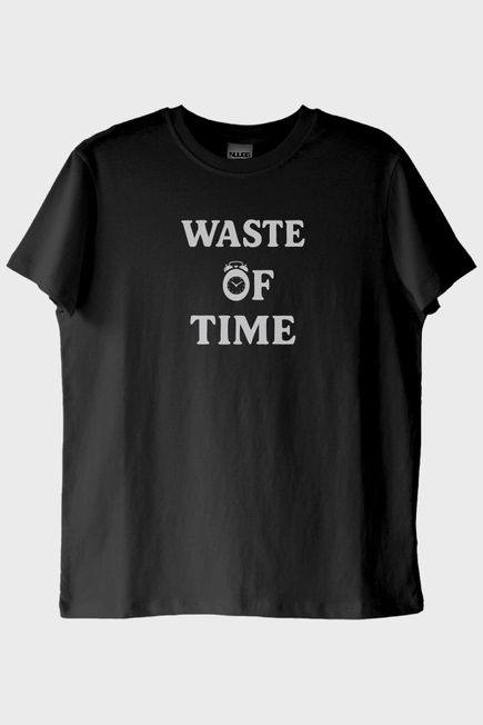 Waste of Time Baskılı Minimalist Siyah Tişört