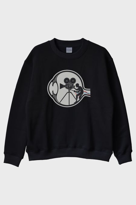 Eski Film Kamerası Baskılı Tasarım Siyah Bisiklet Yaka Sweatshirt