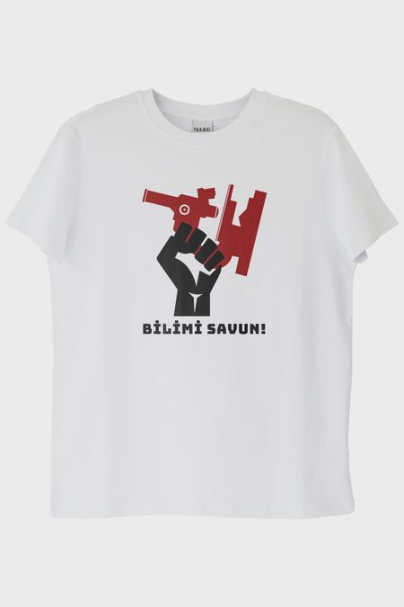 Bilimi Savun! Grafik Tasarımlı Baskılı Beyaz Tişört