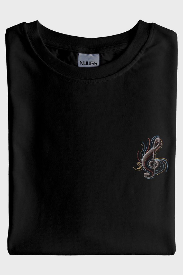 Siyah Sol Anahtarı Renkli Nakış Müzik Siyah T-Shirt