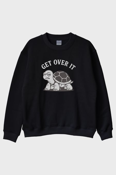 GET OVER IT Kaplumbağa Baskılı Siyah Bisiklet Yaka Sweatshirt