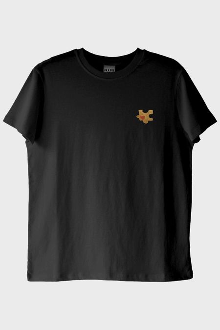 Sarı Puzzle Parçası Desenli Nakış Siyah T-Shirt - Sevgililer Günü Çift Tişörtü
