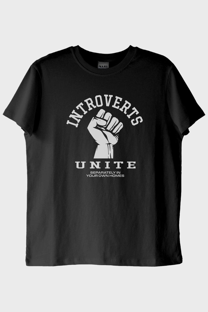 Introverts Unite Baskılı Mizahi Siyah Tişört