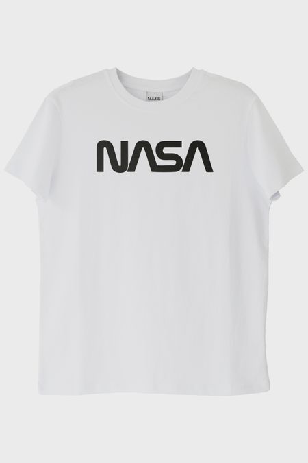 NASA Baskılı Minimalist Tasarım Beyaz Tişört