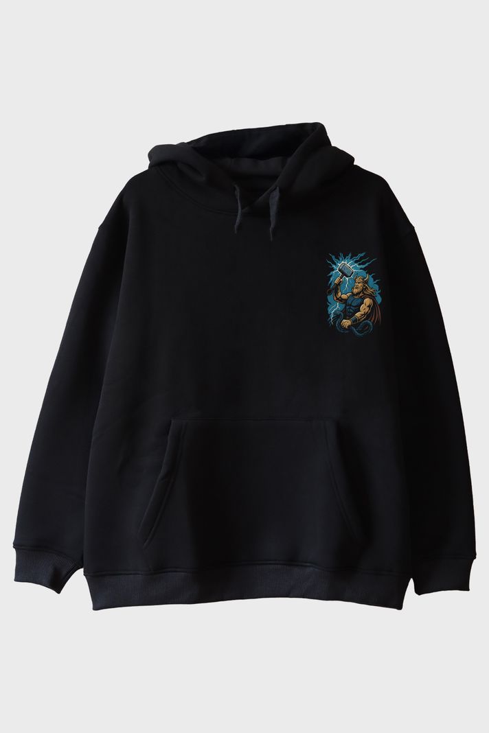 THOR Figürü Baskılı Siyah Hoodie