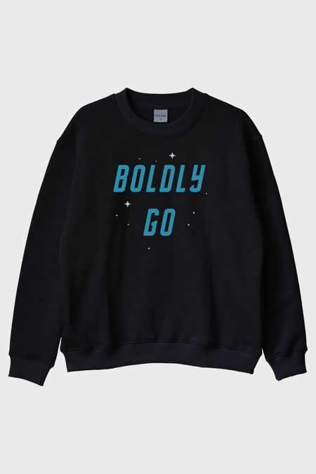 Boldly Go Baskılı Uzay Temalı Siyah Bisiklet Yaka Sweatshirt