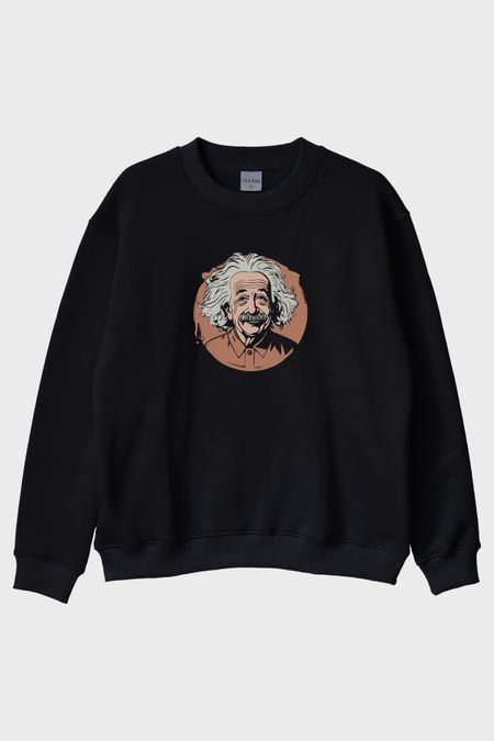 Albert Einstein Portre Baskılı Tasarım Siyah Bisiklet Yaka Sweatshirt