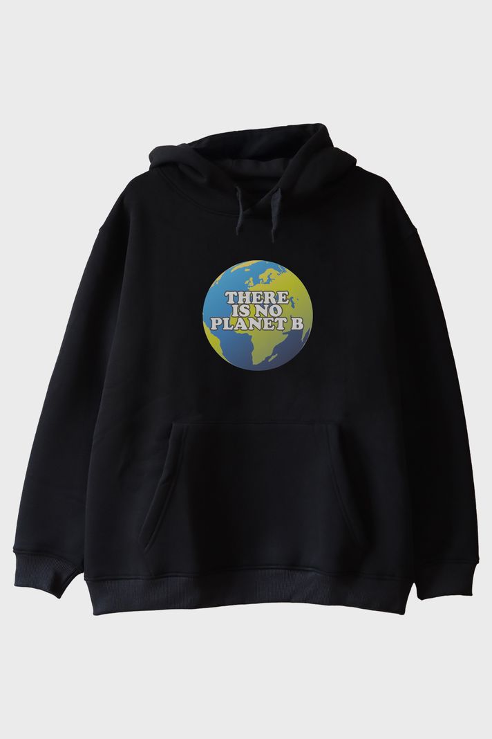 There Is No Planet B Dünya Resimli Baskılı Siyah Hoodie