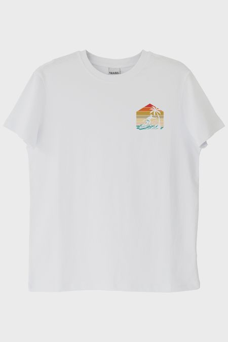 Retro Palmiye ve Sörf Baskılı Beyaz Tişört