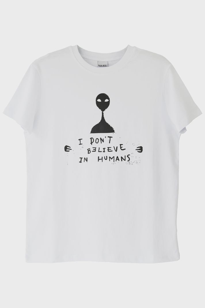 I Don’t Believe in Humans Uzaylı Baskılı %100 Pamuk Beyaz Tişört
