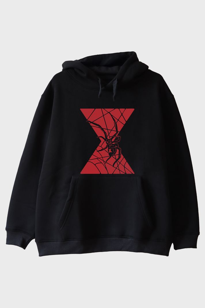BlackWidow Kırmızı Örümcek Temalı Baskılı Siyah Hoodie