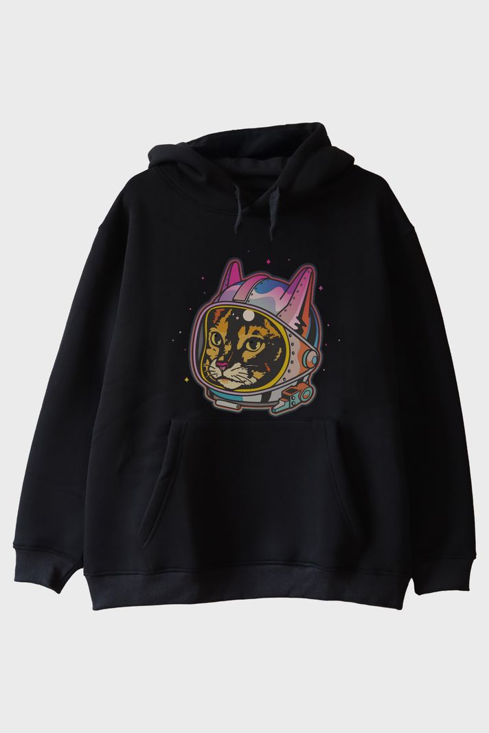 Astrocat Renkli Astronot Kedi Baskılı Siyah Hoodie