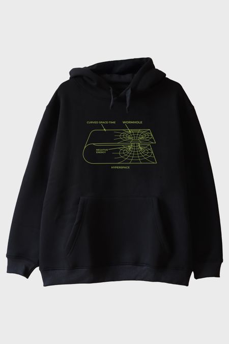 Curved Space-Time Baskılı Solucan Deliği Siyah Hoodie