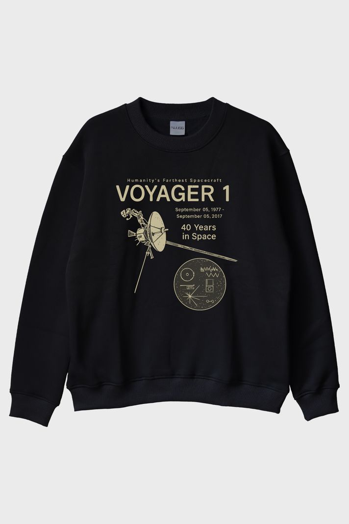 Uzay Keşfi Temalı Retro Voyager 1 Bilim Siyah Bisiklet Yaka Sweatshirtü