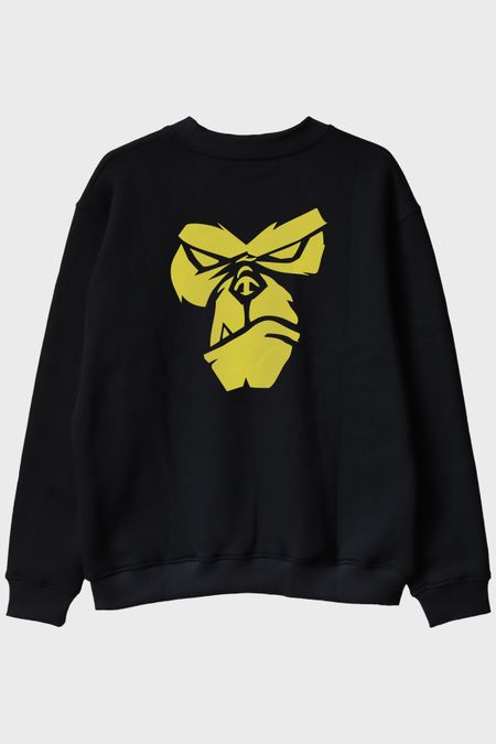Zemin Üzerine Parlak Sarı Goril Yüzü Baskılı Siyah Bisiklet Yaka Sweatshirt