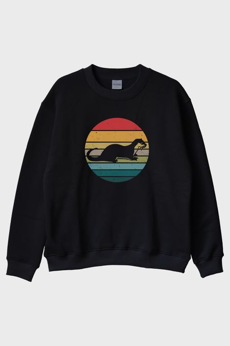 Koşan Susamuru Baskılı Retro Tasarım Siyah Bisiklet Yaka Sweatshirt