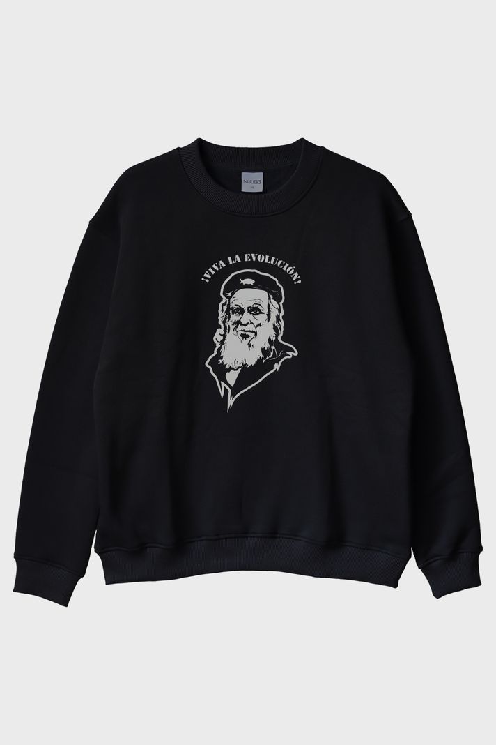 ¡Viva la Evolución! Baskılı Bilim Temalı Siyah Bisiklet Yaka Sweatshirt