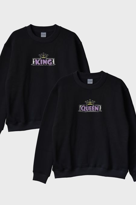 Queen King Çift Siyah Bisiklet Yaka Sweatshirtleri