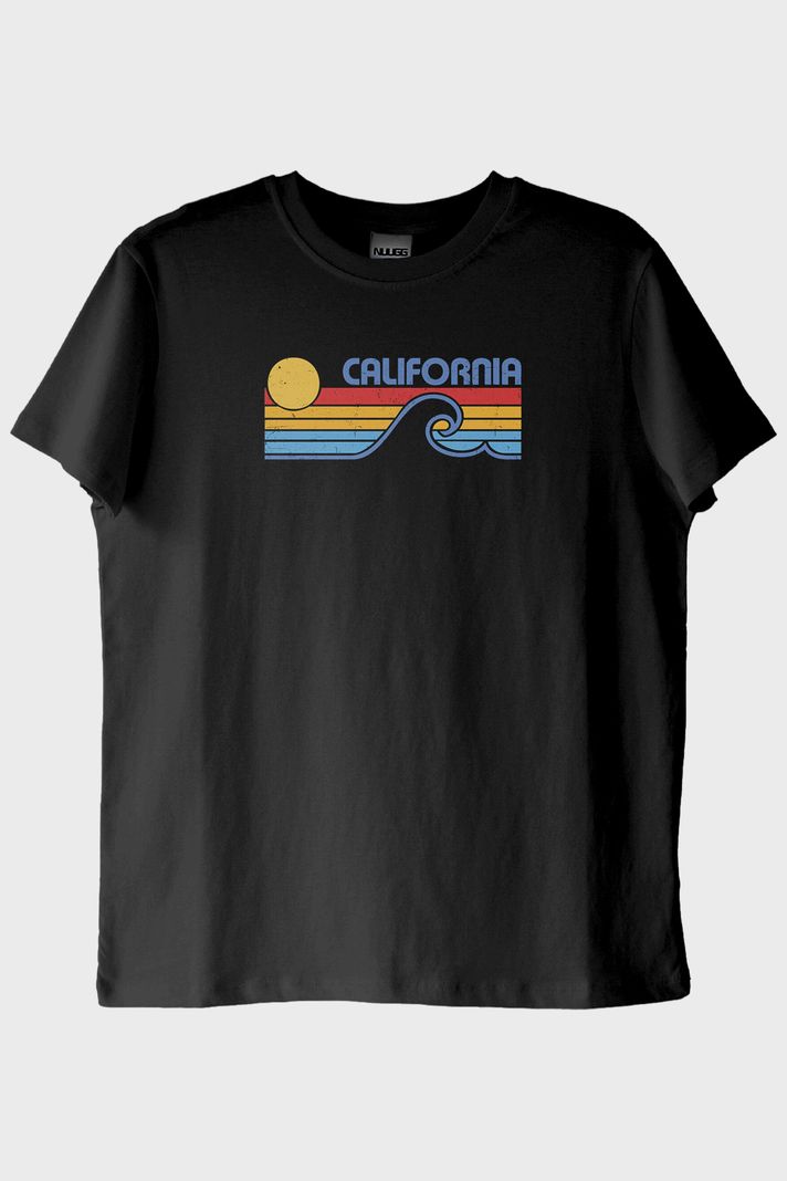 California Retro Dalga Baskılı Tasarım Siyah Tişört