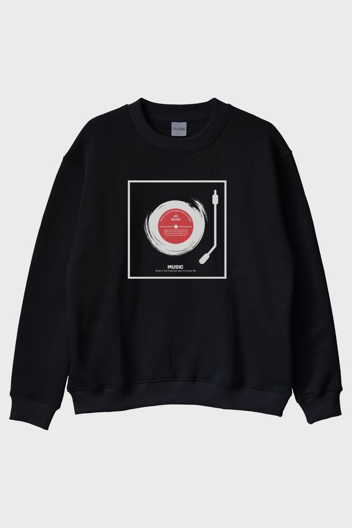 Music Is The Important Part Baskılı Plak Tasarımlı Siyah Bisiklet Yaka Sweatshirt