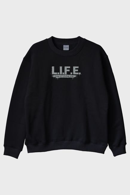 Life Mizahi Siyah Bisiklet Yaka Sweatshirt