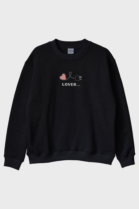 Lover Temalı Siyah Bisiklet Yaka Sweatshirt