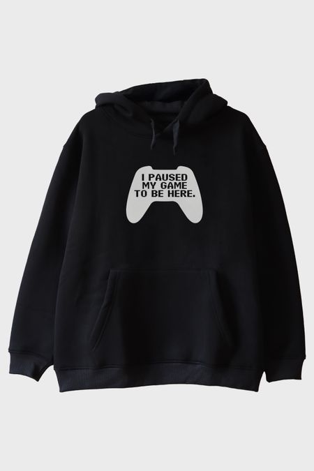 I Paused My Game Siyah Hoodie Oyun Kumandası Tasarımı