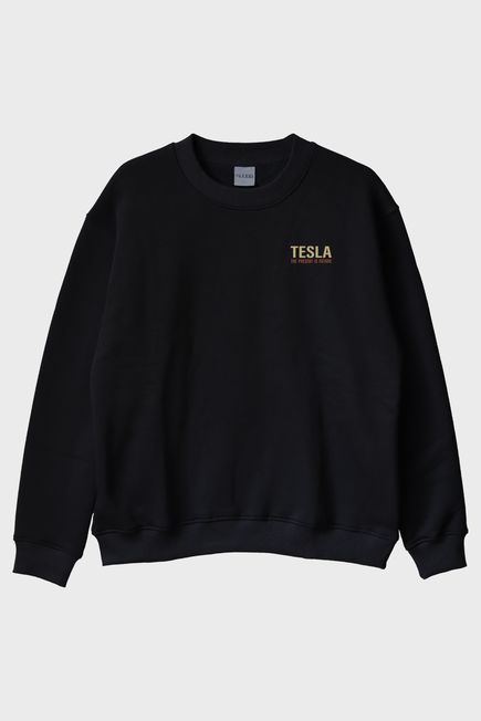 Tesla Slogan Siyah Bisiklet Yaka Sweatshirt