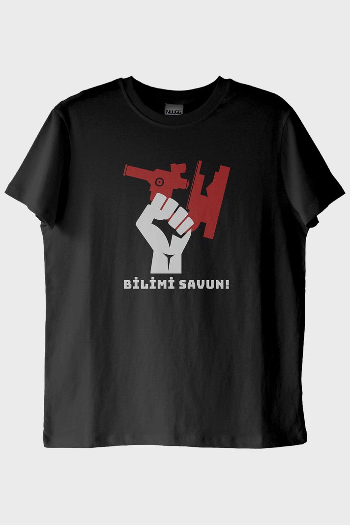 Bilimi Savun! Grafik Tasarımlı Baskılı Siyah Tişört