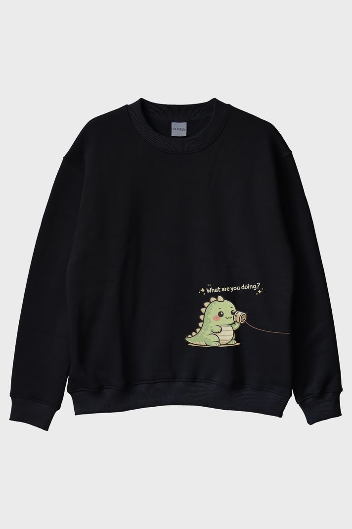Sevimli Dinozor Siyah Bisiklet Yaka Sweatshirt