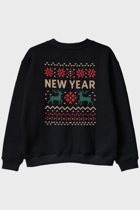 Yeni Yıl Motifli Siyah Bisiklet Yaka Sweatshirt