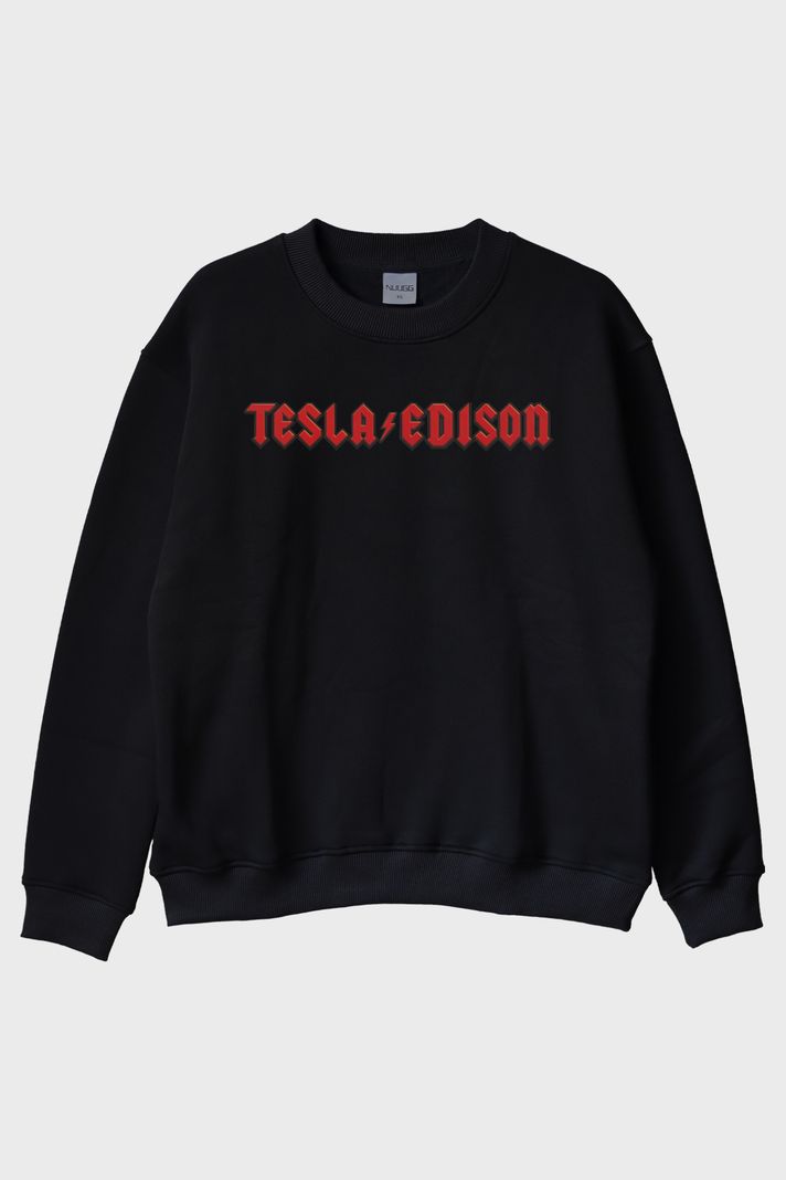 TESLA/EDISON Yıldırım Baskılı Gotik Tasarım Siyah Bisiklet Yaka Sweatshirt