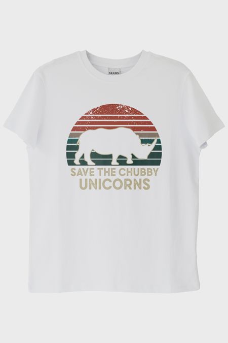 Save the Chubby Unicorns Retro Gergedan Baskılı Beyaz Tişört