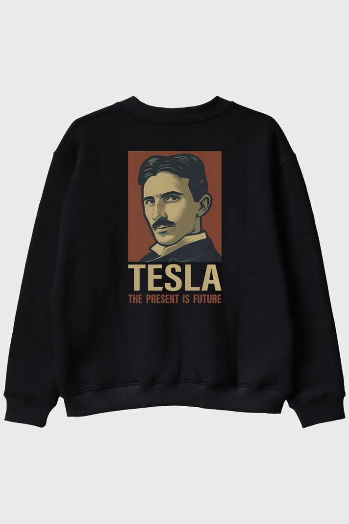 Tesla Slogan Siyah Bisiklet Yaka Sweatshirt