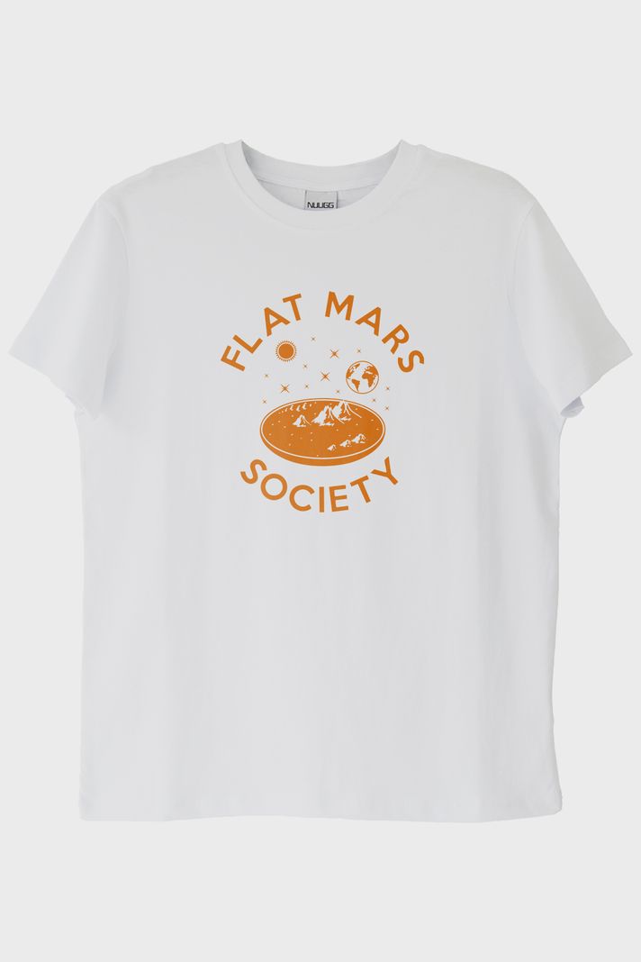 Flat Mars Society Baskılı Uzay Temalı Beyaz Tişört