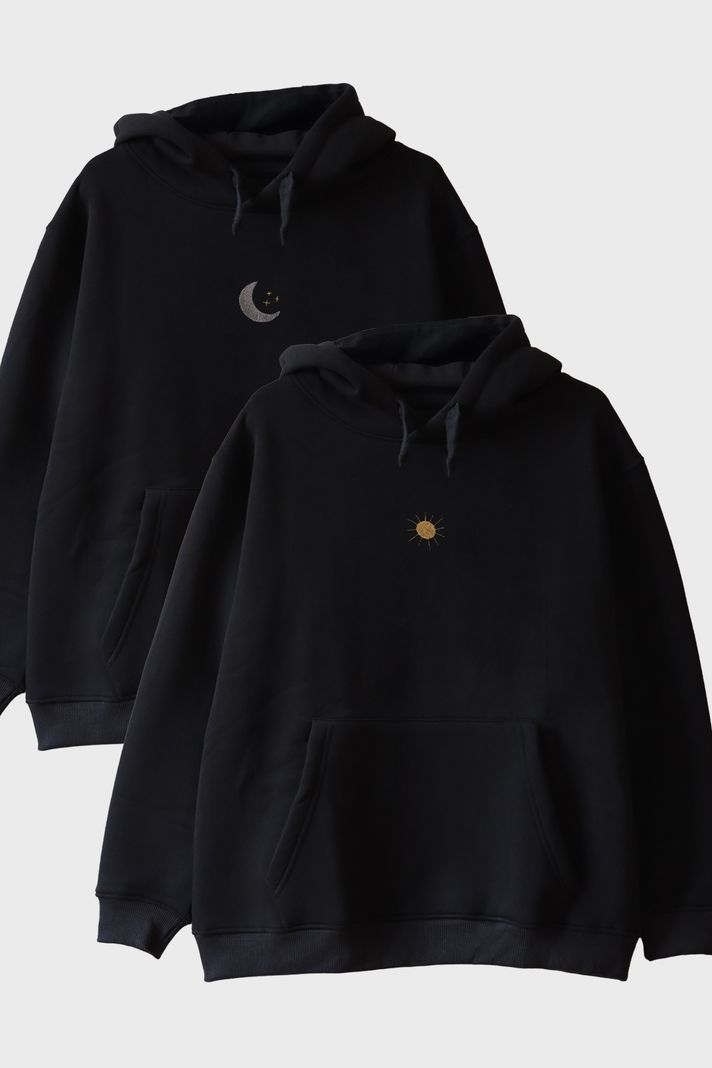 Ay ve Güneş Desenli Nakışlı Çift Kombin Hoodie