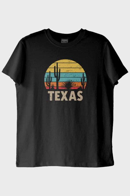 Texas Retro Doğa Baskılı Siyah Tişört