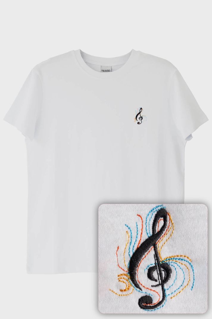 Siyah Sol Anahtarı Renkli Nakış Müzik T-Shirt