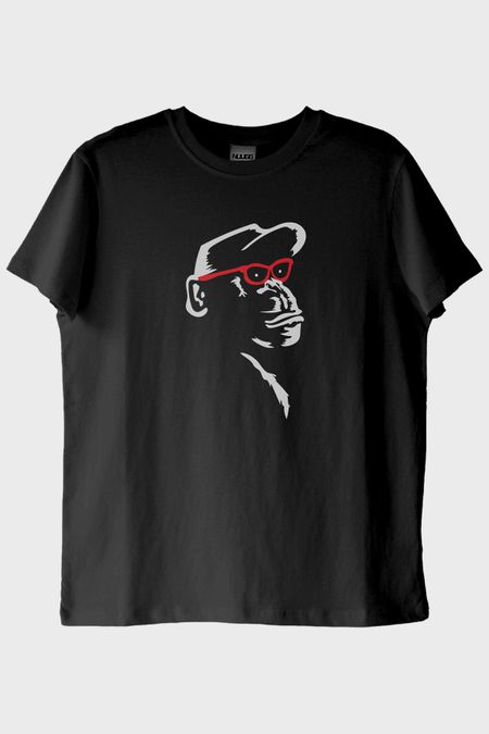 Gözlüklü Primat Minimal Tasarım Baskılı Siyah Tişört
