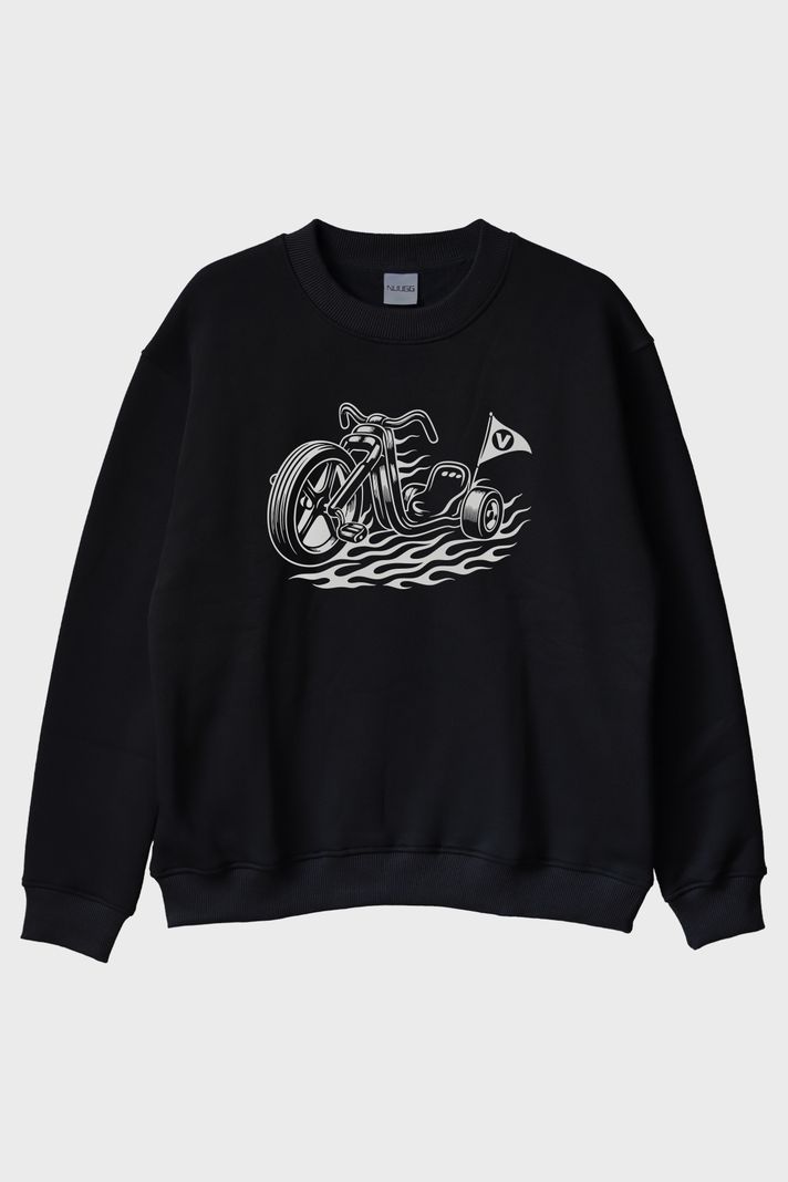 Motorlu Bayrak Tasarımlı Biker Siyah Bisiklet Yaka Sweatshirt