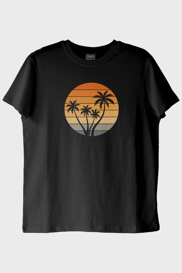 Tropik Gün Batımı Palmiye Baskılı Siyah Tişört
