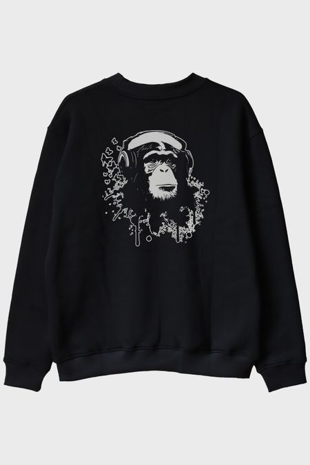 Kulaklık Takmış Goril Siyah Bisiklet Yaka Sweatshirt
