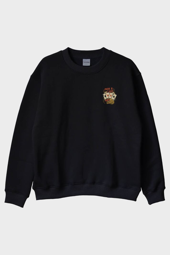 Kart Seç Desenli Siyah Bisiklet Yaka Sweatshirt