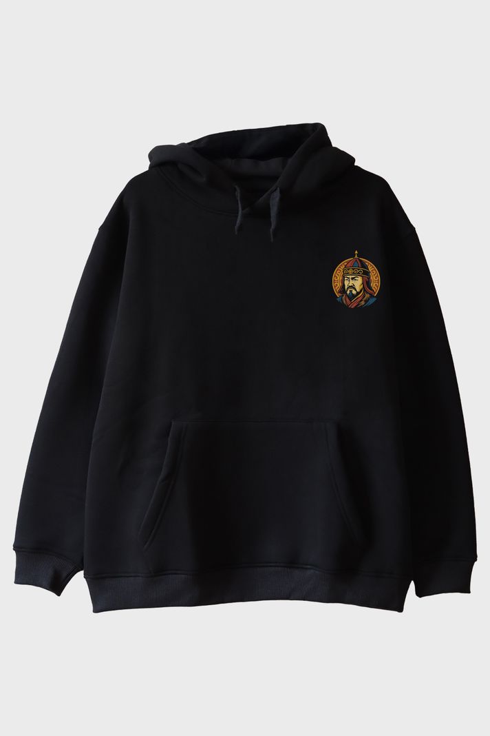 Cengiz Han Portreli Siyah Hoodie