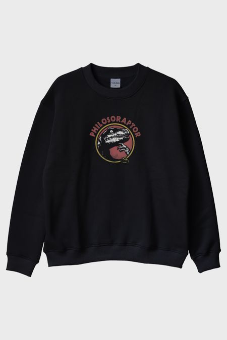 Philosoraptor Baskılı Retro Dinozor Tasarımlı Siyah Bisiklet Yaka Sweatshirt
