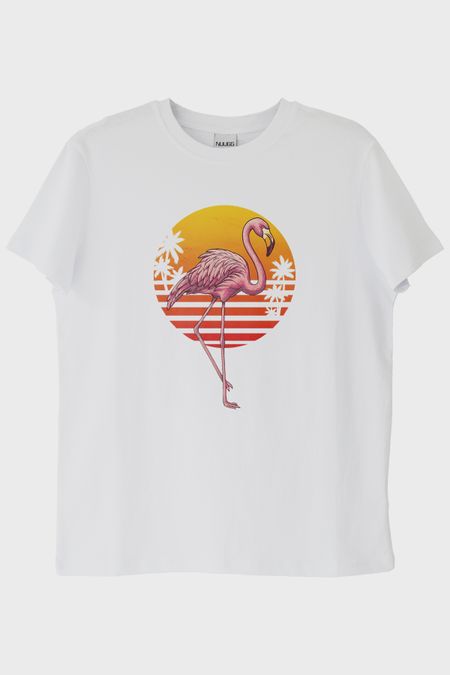 Retro Flamingo Baskılı Beyaz Tişört
