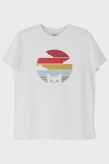 Retro Kedi Baskılı Modern Beyaz Tişört