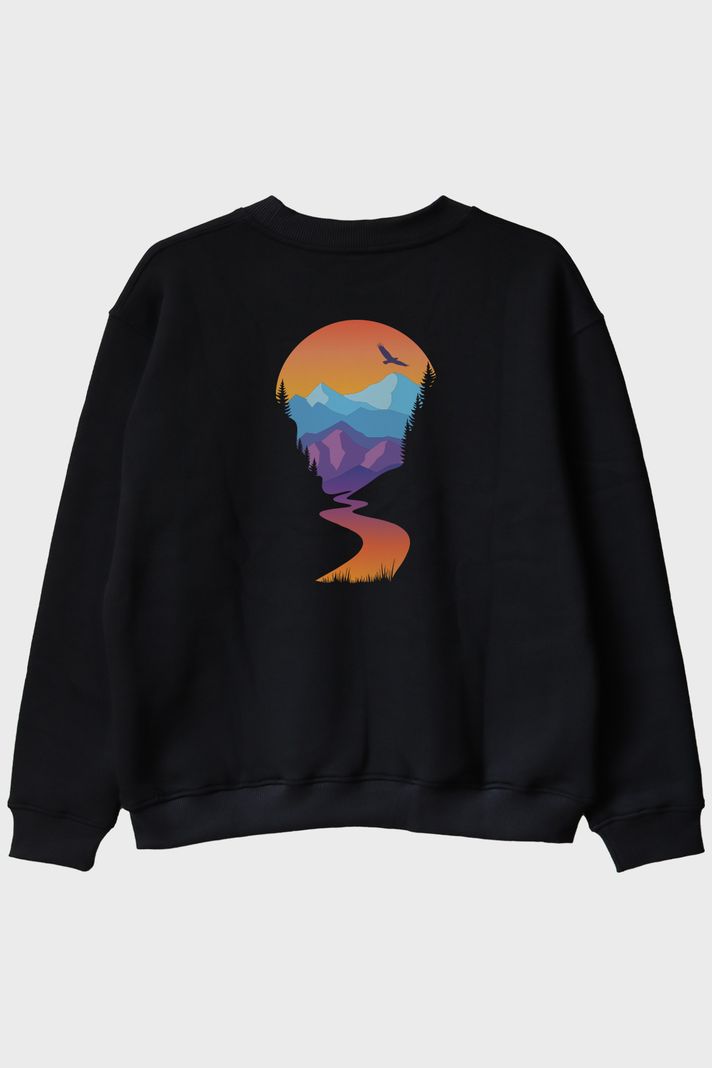 Montain Baskılı Doğal Manzara Tasarım Siyah Bisiklet Yaka Sweatshirt