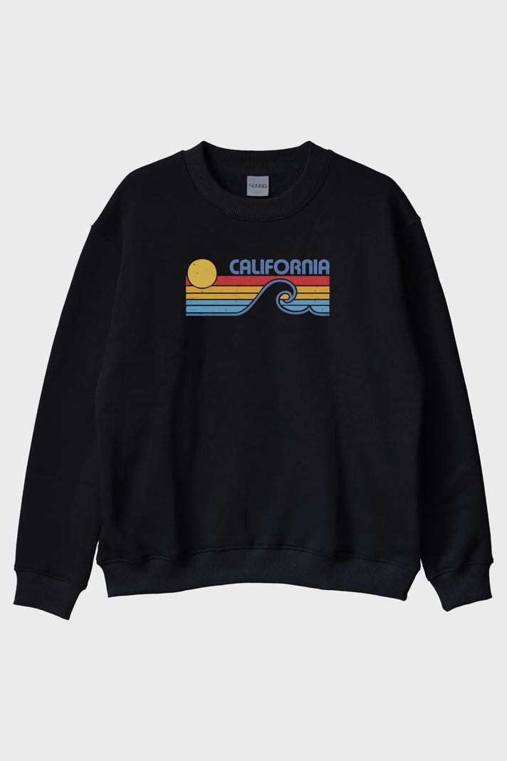 California Retro Dalga Baskılı Tasarım Siyah Bisiklet Yaka Sweatshirt
