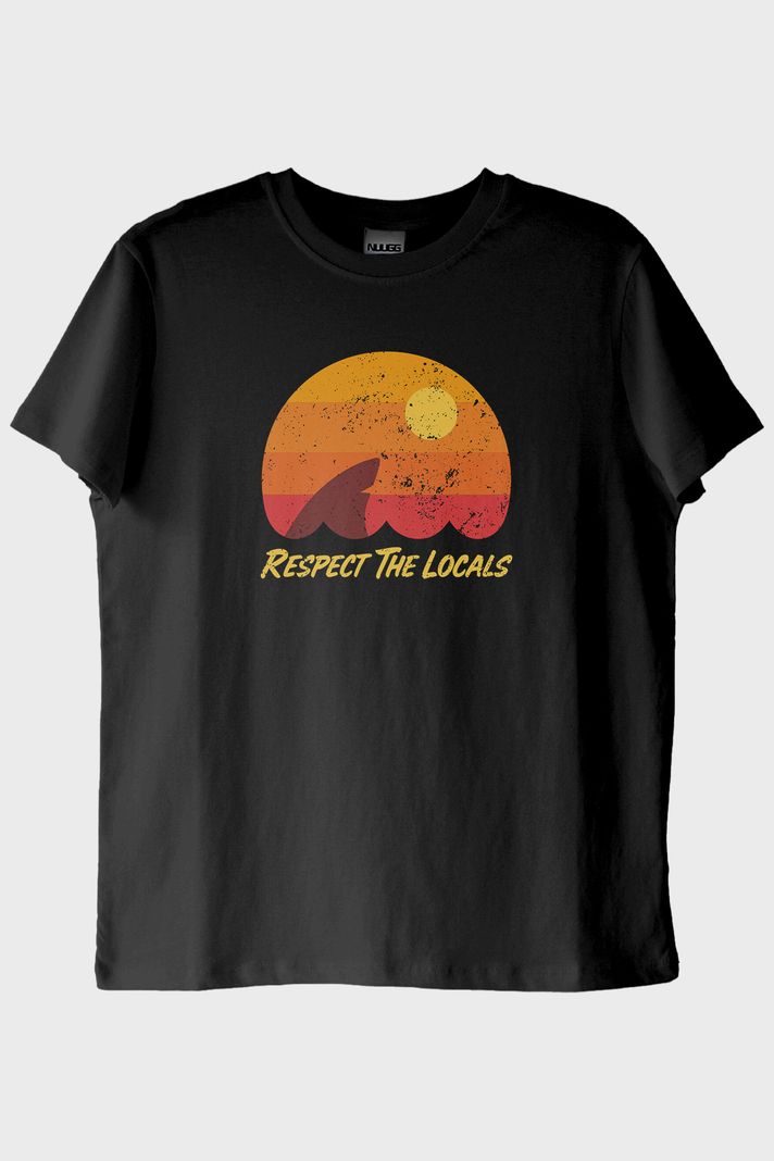 Respect The Locals Köpekbalığı Baskılı Vintage Siyah Tişört